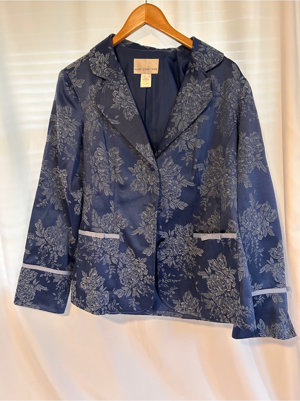 Susan Graver Style Blue Floral Jacquard Blazer Jacket Women’s Medium M